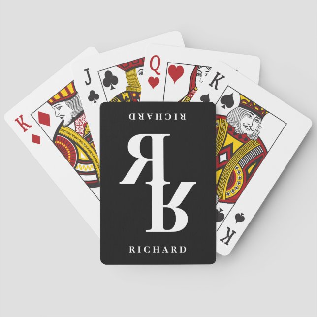 Elegant black and white name initial monogram playing cards (Back)