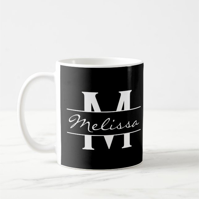 Elegant black and white name monogram coffee mug (Left)