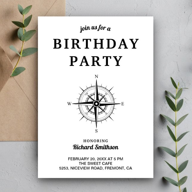 Elegant Black and White Nautical Compass Birthday Invitation (Creator Uploaded)