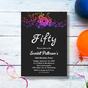Elegant Black And White Neon Fall 50th Birthday Invitation