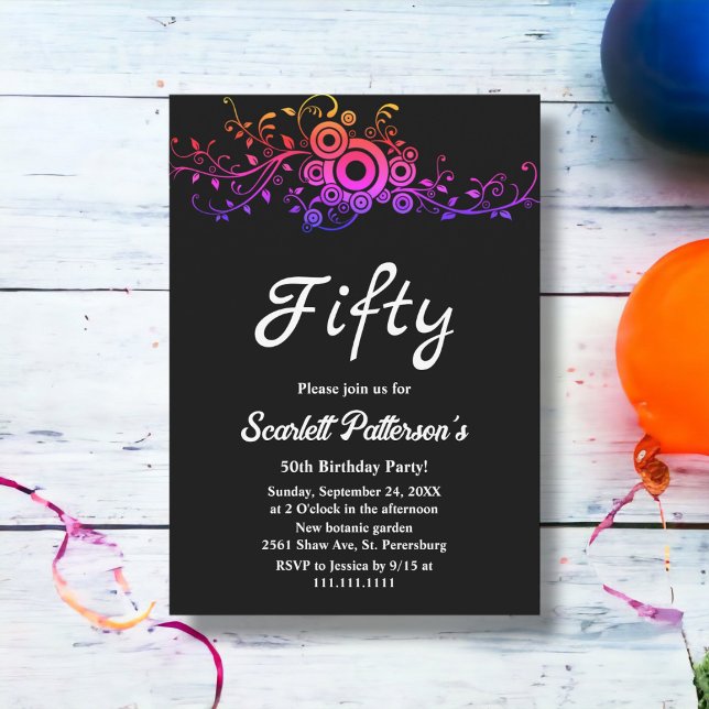 Elegant Black And White Neon Fall 50th Birthday Invitation (Creator Uploaded)