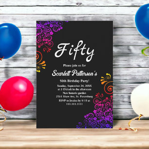 Elegant Black And White Neon Floral 50th Birthday Invitation
