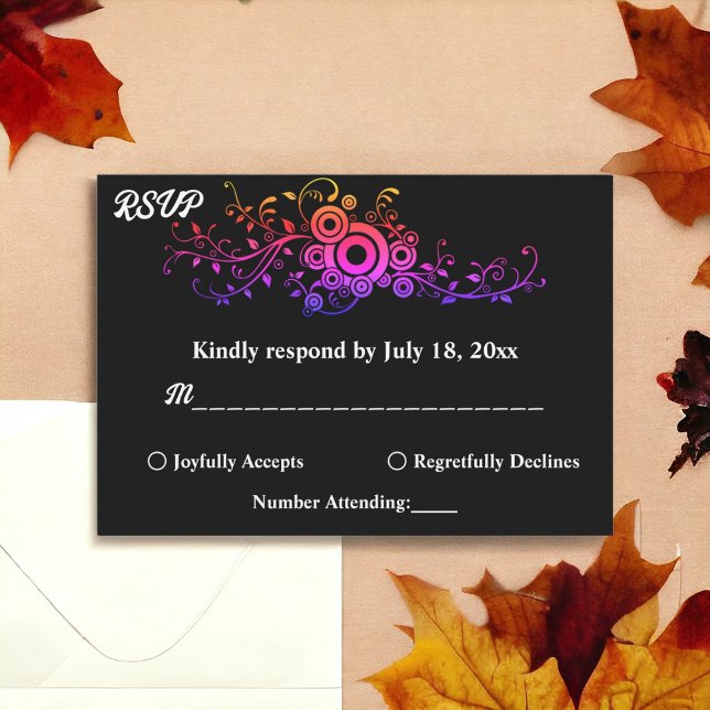Elegant Black And White Neon Foliage Fall Wedding RSVP Card (Creator Uploaded)