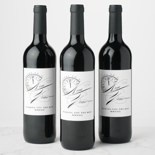 Elegant Black and White New Year Wine Label (Bottles)