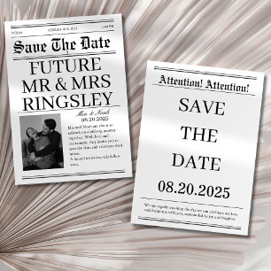 Elegant black and white Newspaper Photo Wedding Save The Date