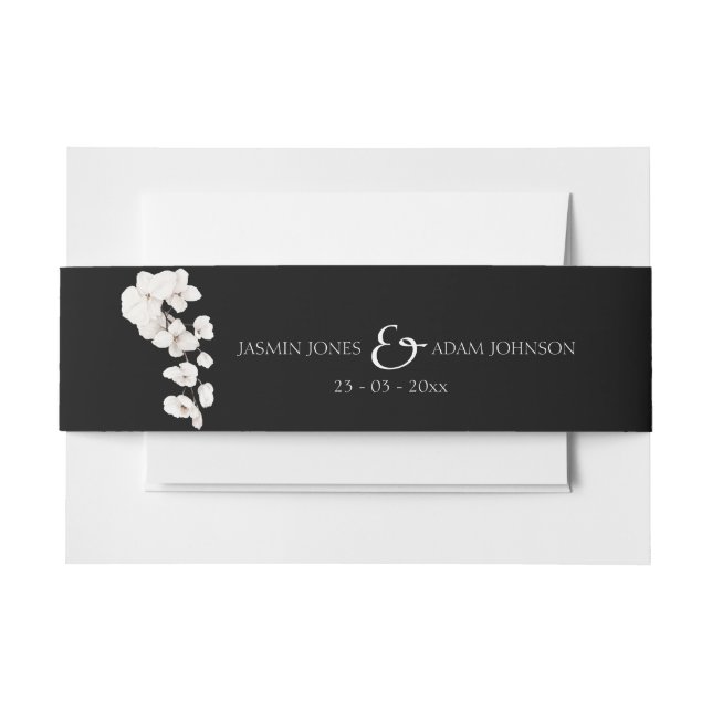 Elegant Black and White Orchid Wedding Invitation Belly Band (Front Example)
