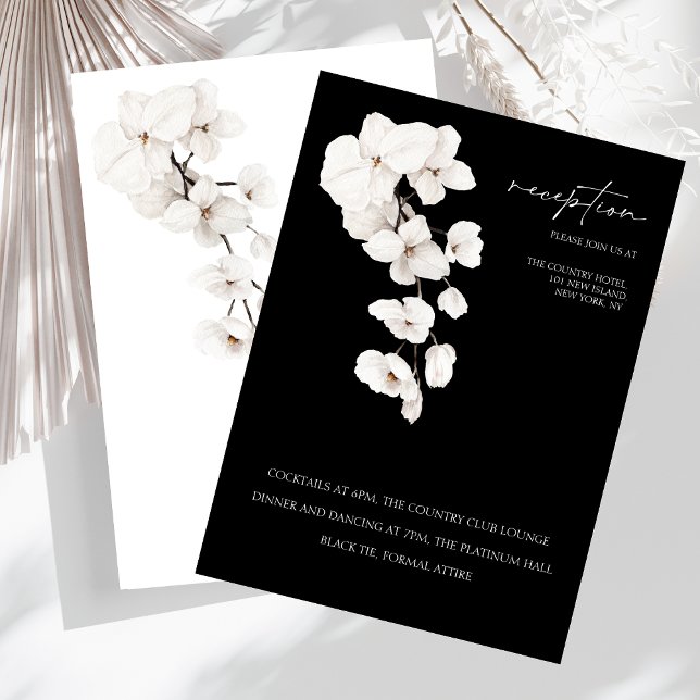 Elegant Black and White Orchid Wedding Reception Enclosure Card (Modern Black and White Orchids Flowers Wedding Reception Cards)