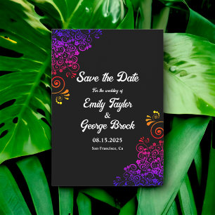 Elegant Black And White Ornate Neon Floral Wedding Save The Date