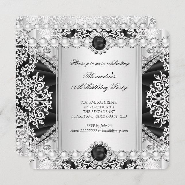 Elegant Black And White Pearl Birthday Party Invitation (Front/Back)