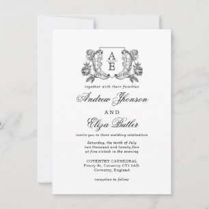 Elegant Black and White Peony Floral Wedding Invitation