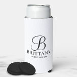 Elegant Black and White Personalised Bridesmaid Ca Seltzer Can Cooler<br><div class="desc">Elegant Black and White Personalised Bridesmaid Gifts
featuring personalised monogram in black elegant script font style with bridesmaid's name and title in classic serif font style on white background.

Also perfect for groomsmen,  best man,  father of the bride,  maid of honour,  flower girl,  mother of the bride and more.</div>