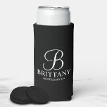 Elegant Black and White Personalised Bridesmaid Seltzer Can Cooler<br><div class="desc">Elegant Black and White Personalised Bridesmaid Gifts
featuring personalised monogram in white elegant script font style with bridesmaid's name and title in classic serif font style on black background.

Also perfect for groomsmen,  best man,  father of the bride,  maid of honour,  flower girl,  mother of the bride and more.</div>