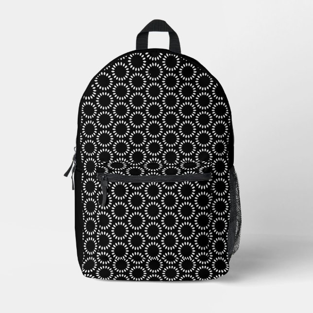 Elegant Black and White Petal Mandala Pattern Printed Backpack (Front)