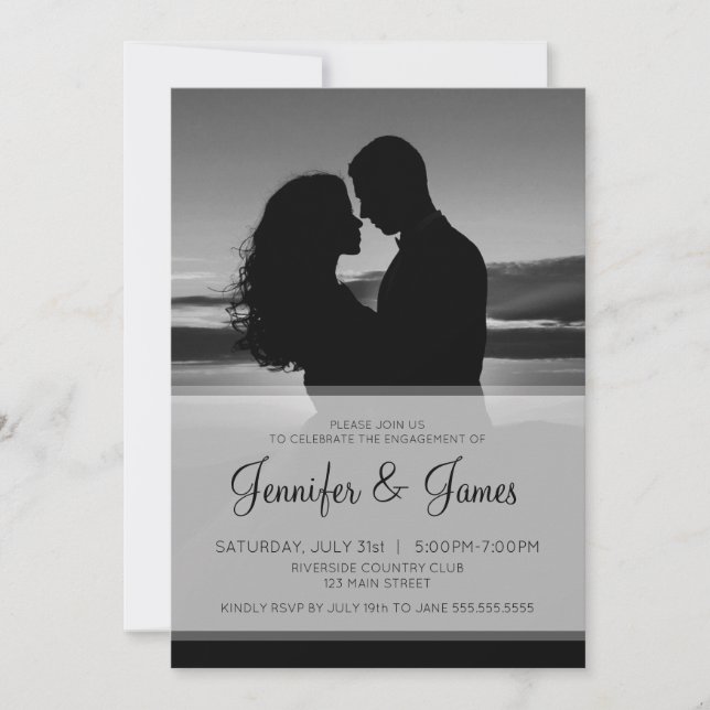Elegant Black and White Photo Engagement Invitation (Front)