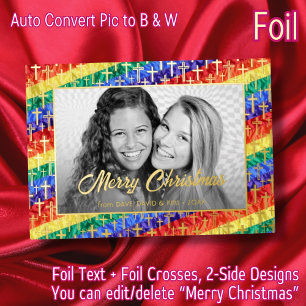 Elegant Black and White Photo Gay Pride Gold Cross Foil Holiday Card