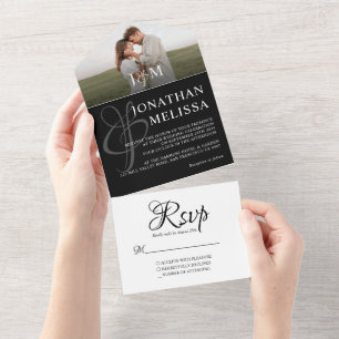 Elegant Black and White Photo Monogram Wedding All In One Invitation