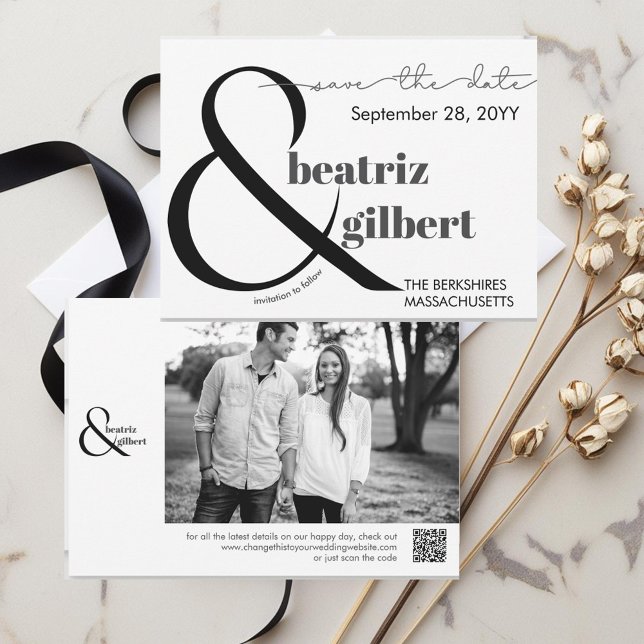 Elegant Black and White Photo Save the Date (Modern Elegant typography save the date with your photo and QR code.)