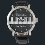 Elegant black and white piano watch for men<br><div class="desc">Elegant black and white piano watch for men. Personalise with name,  monogram,  funny quote or slogan. Custom background colour. Unique Birthday gift ideas for piano player,  pianist,  classical music teacher,  musician,  instructor,  producer,  artist,  husband,  dad etc. Classy men's watch with leather strap.</div>