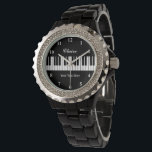 Elegant black and white piano watch for women<br><div class="desc">Elegant black and white piano watch for women. Personalise with name,  monogram,  funny quote or slogan. Custom background colour. Unique Birthday gift ideas for piano player,  pianist,  classical music teacher,  musician,  instructor,  producer,  artist,  wife,  mum,  sister etc. Classy black enamel women's watch with rhinestones.</div>