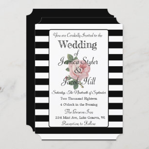 Elegant Black and White Pink Vintage Rose Wedding Invitation