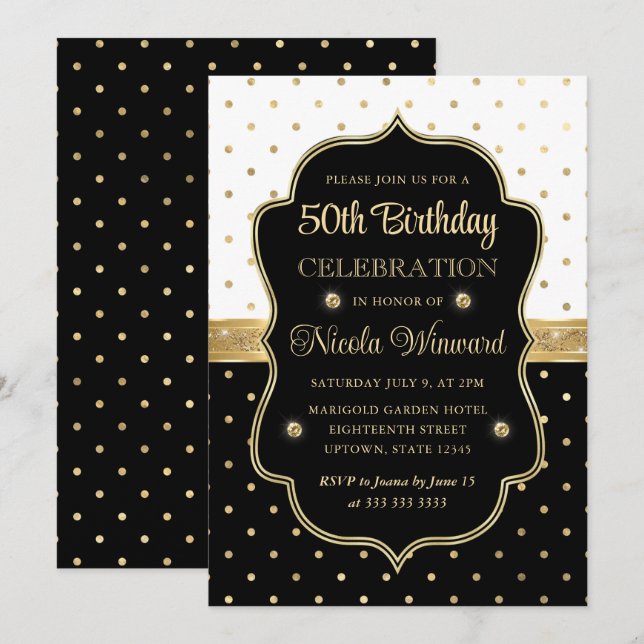 Elegant Black and White Polka Dots 50th Birthday Invitation (Front/Back)