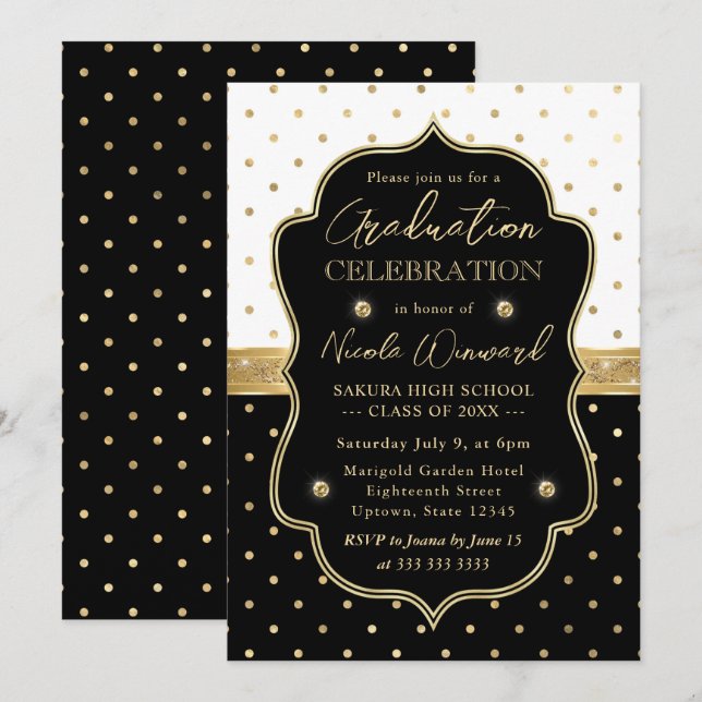Elegant Black and White Polka Dots Graduation Invitation (Front/Back)