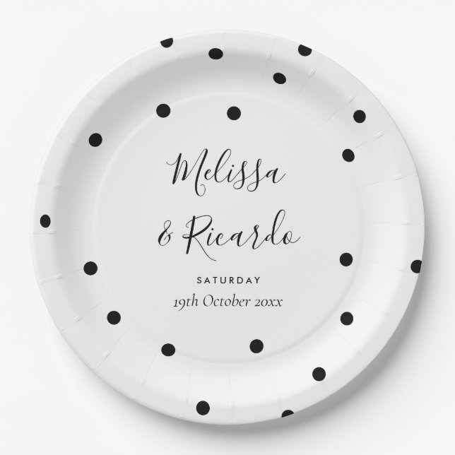 Elegant Black and White Polka Dots Wedding Paper Plate (Front)