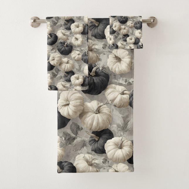 Elegant Black and White Pumpkins Bath Towel Set (Insitu)