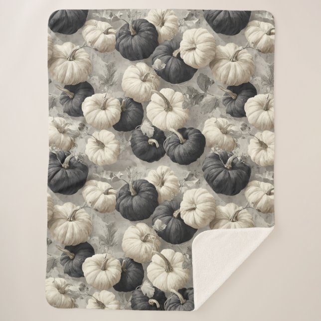 Elegant Black and White Pumpkins Sherpa Blanket (Front)