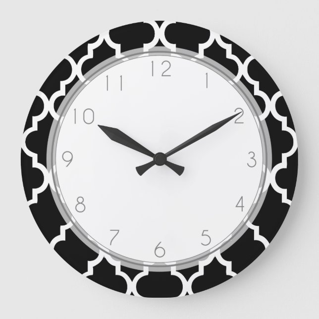 Elegant Black and White Quatrefoil Pattern Large Clock (Front)