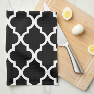 Elegant Black and White Quatrefoil Tiles Pattern Tea Towel