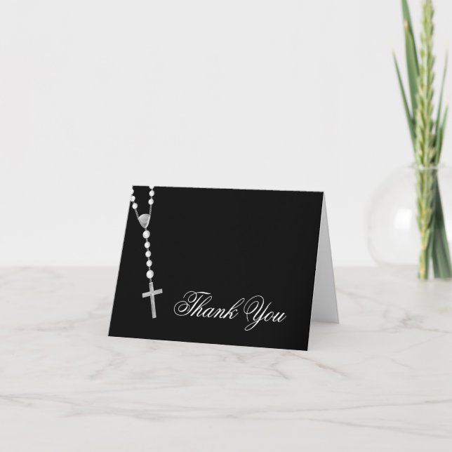 Elegant Black and White Rosary Thank You Card (Front)
