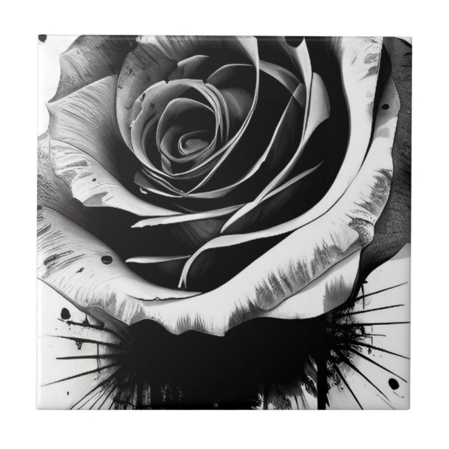 Elegant Black And White Rose Ceramic Tile (Front)