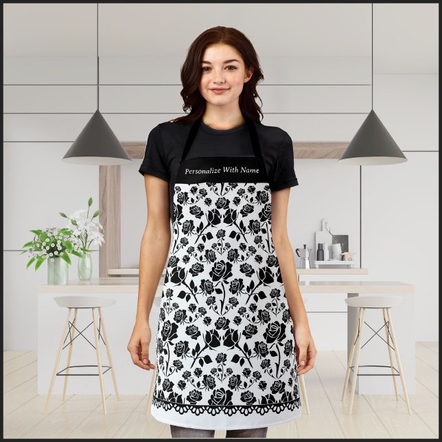 Elegant Black and White Rose Floral Apron (Timeless Black and White Rose Apron)