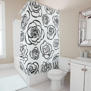 Elegant Black and White Roses on White Background Shower Curtain