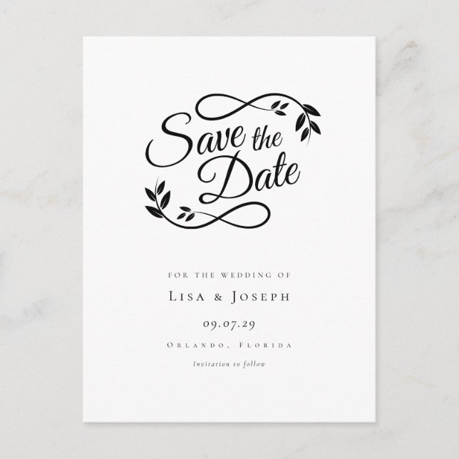 Elegant Black and White Save the Date Announcement Postcard (Front)