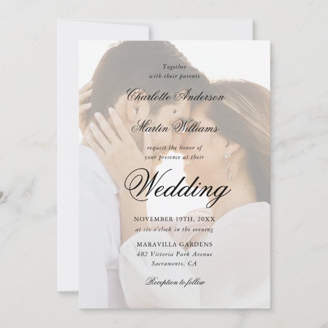 Elegant Black and White Script 2 Photo Wedding Invitation (Front)