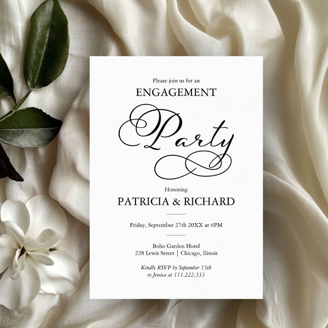 Elegant Black And White Script Engagement Party Invitation (Creator Uploaded)