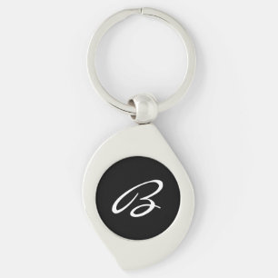 Elegant Black and White Script Monogram Silver Key Ring