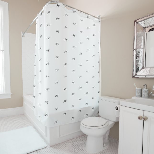 Elegant black and white script name monogram shower curtain (In Situ)