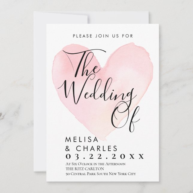 Elegant black and white script pink heart invitation (Front)