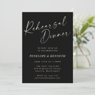 Elegant Black and White Script Rehearsal Dinner Invitation