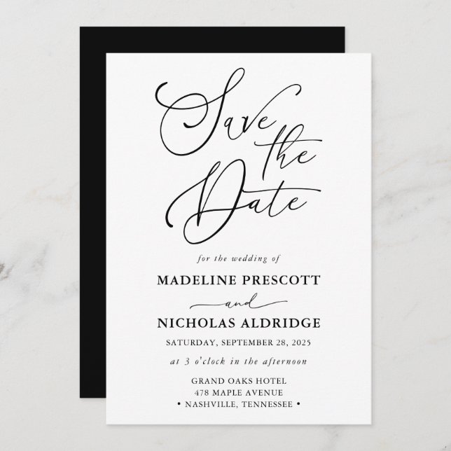 Elegant Black And White Script Save The Date Invitation (Front/Back)