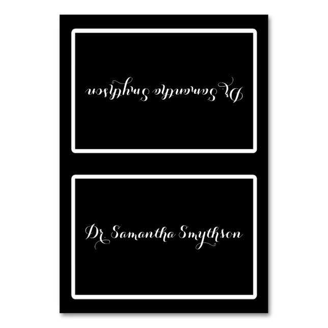 Elegant Black and White Script Tented Seating Table Number (Front)