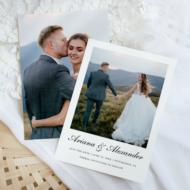 Elegant Black and White Script Two Photo Wedding Save The Date (Creator Uploaded)