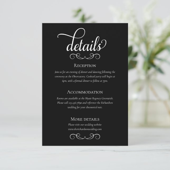 Elegant Black and White Script Wedding Details Enclosure Card (Standing Front)