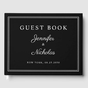 Elegant Black And White Script Wedding Guest Book