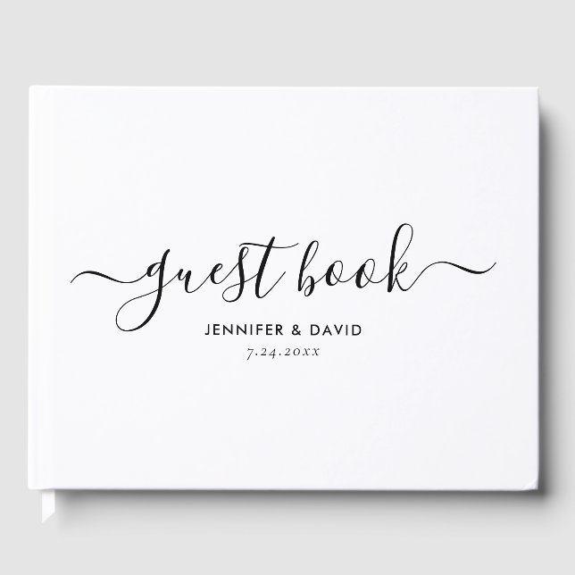 Elegant Black and White Script Wedding Guest Book (Front)