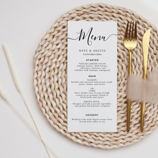 elegant black and white script wedding menu card (Creator Uploaded)