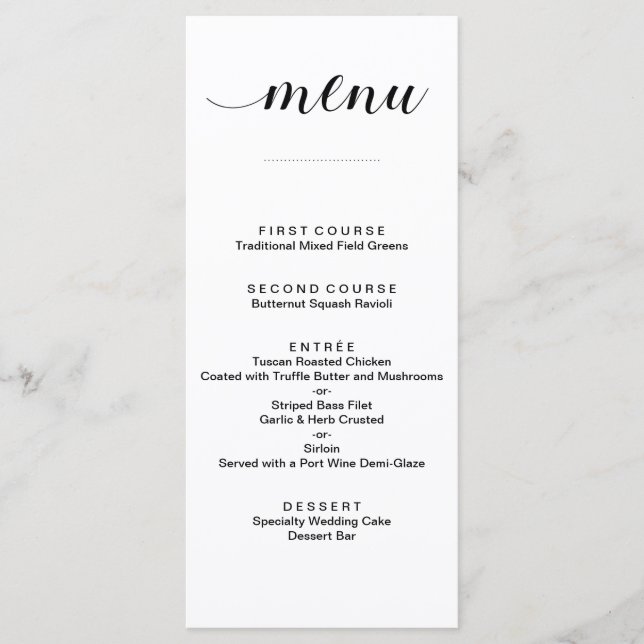 Elegant Black and White Script Wedding Menu Cards (Front)
